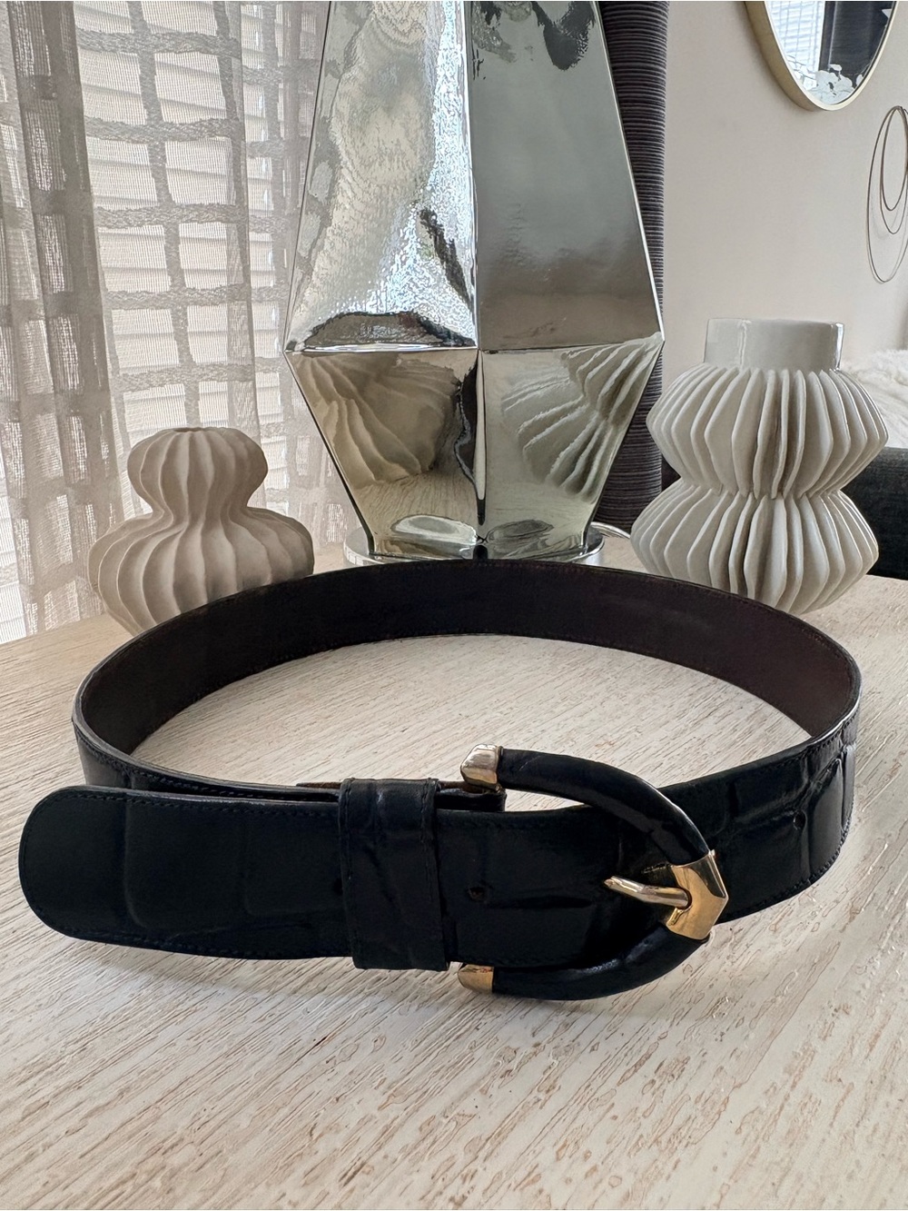 VTG Verdiani Patrizia Black Croc Leather Belt Size 30/75 Florence Italy S/M